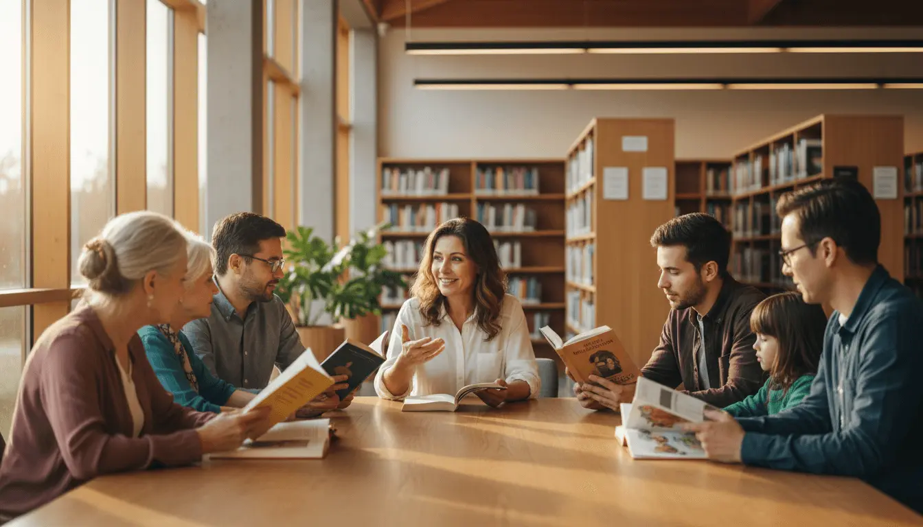 Personas conversando en una biblioteca moderna con luz natural