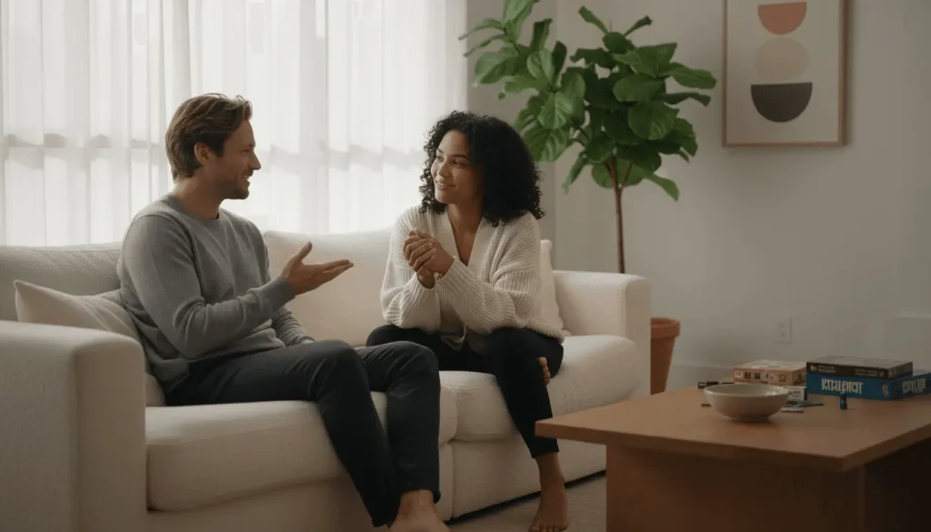 Grupo de personas conversando en un lounge moderno con luz cálida y ambiente distendido