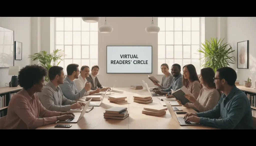 Grupo de personas conversando animadamente en un espacio moderno con estanterías y luz cálida