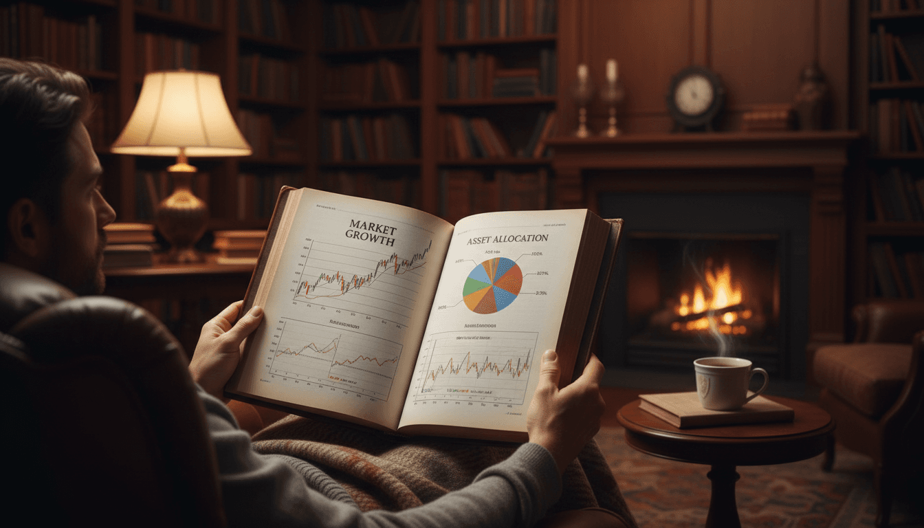 Persona leyendo un libro de inversión en un ambiente acogedor