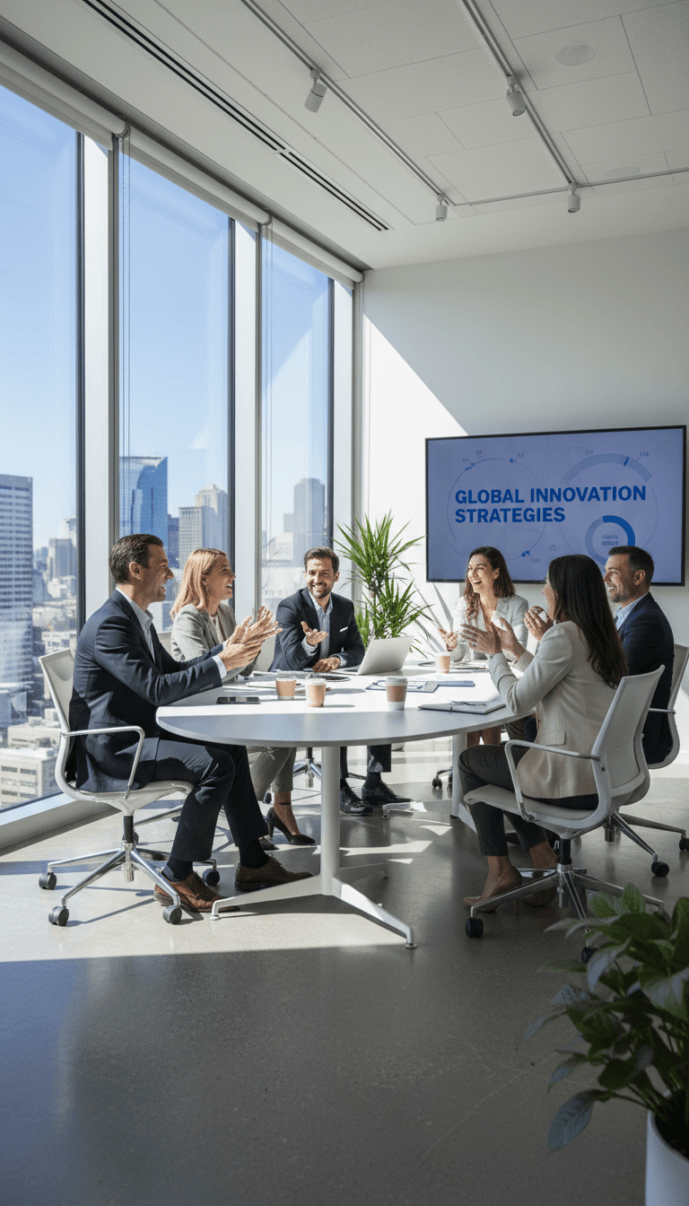Grupo diverso de personas conversando animadamente en un espacio moderno y luminoso