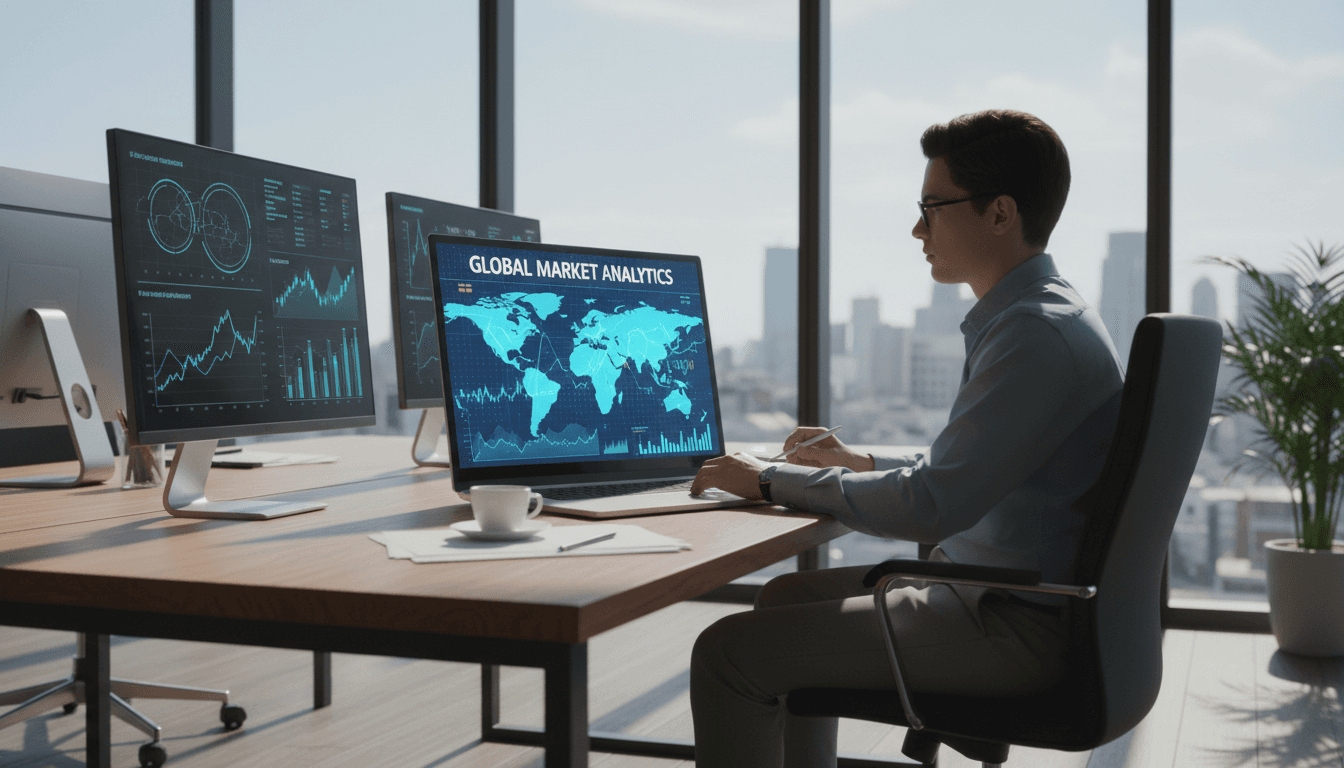 persona estudiando mapa mundi con datos financieros