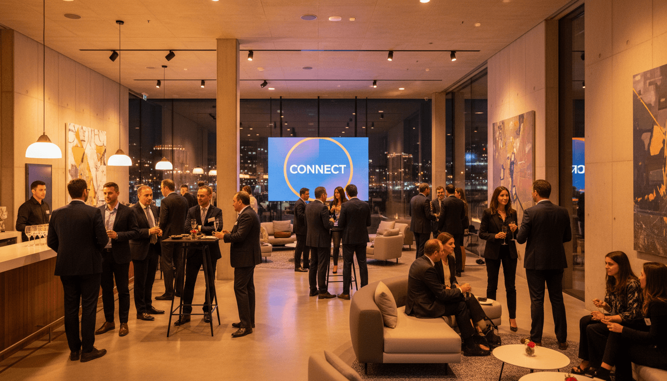 people networking at a modern event space in murcia warm lighting professional atmosphere
