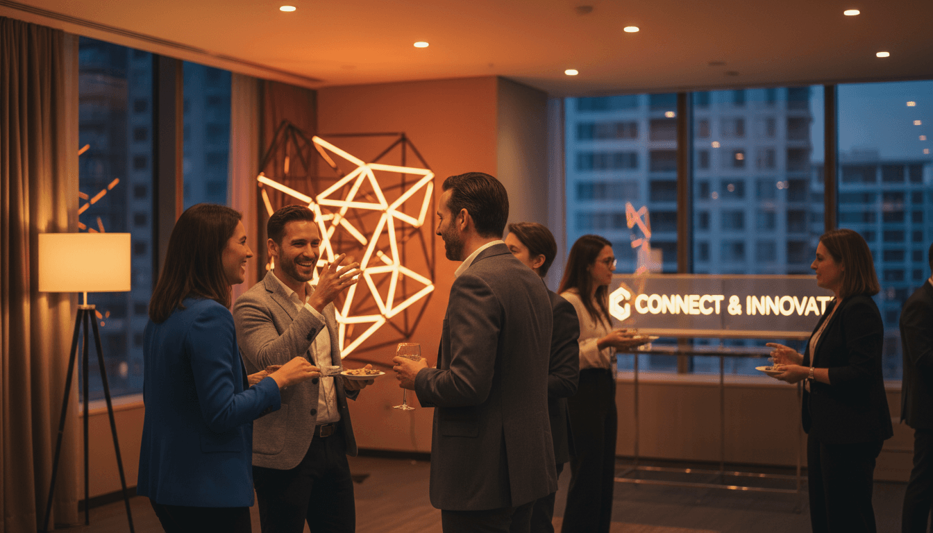 Grupo de personas conversando en un evento de networking en un espacio moderno con luz cálida
