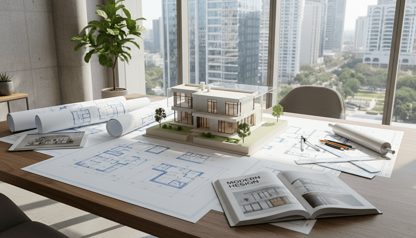 planos arquitectónicos y maqueta de casa