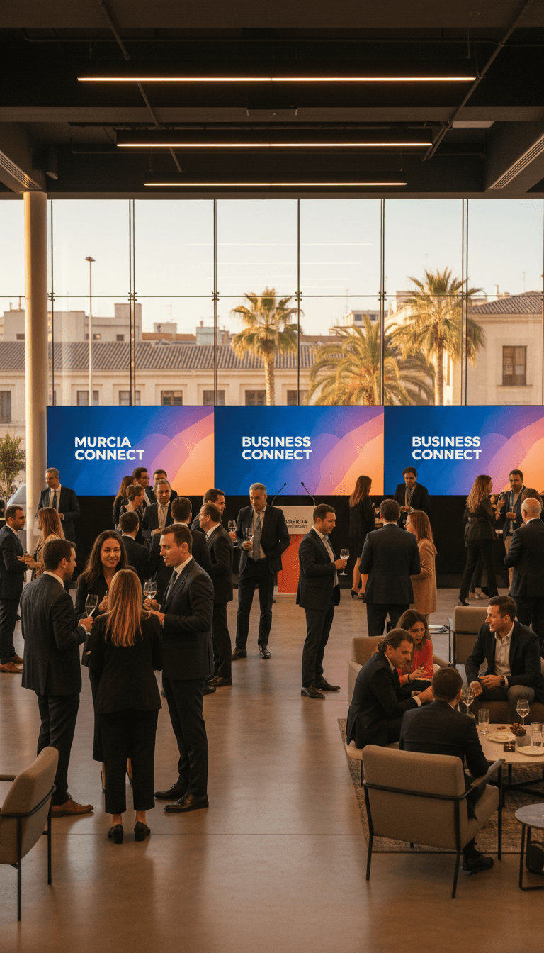 Grupo de personas conversando en un espacio moderno de networking en Murcia