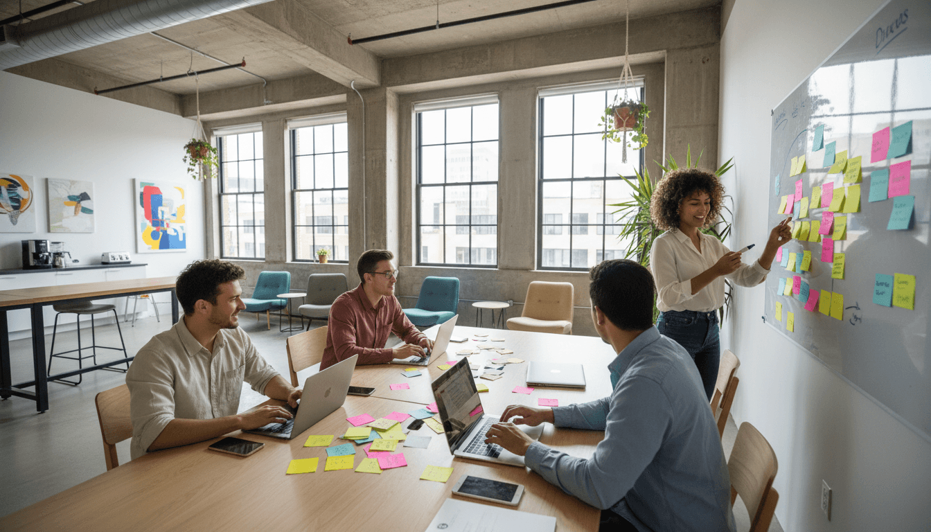 emprendedores en coworking con notas adhesivas