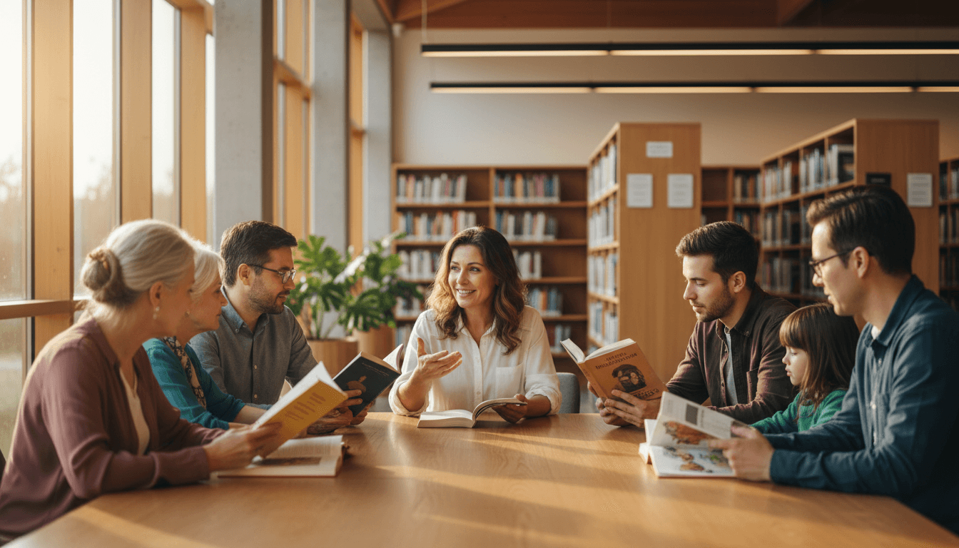Personas conversando en una biblioteca moderna con luz natural