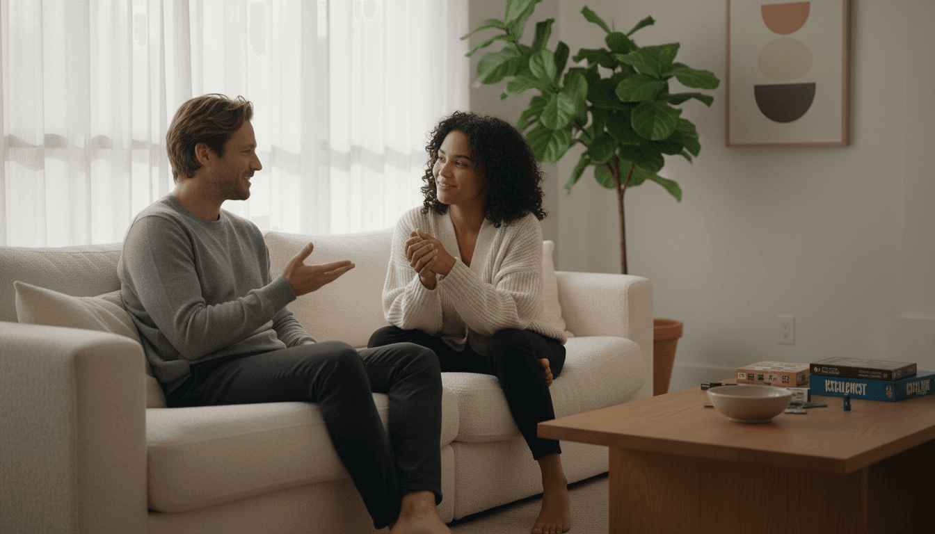 Grupo de personas conversando en un lounge moderno con luz cálida y ambiente distendido