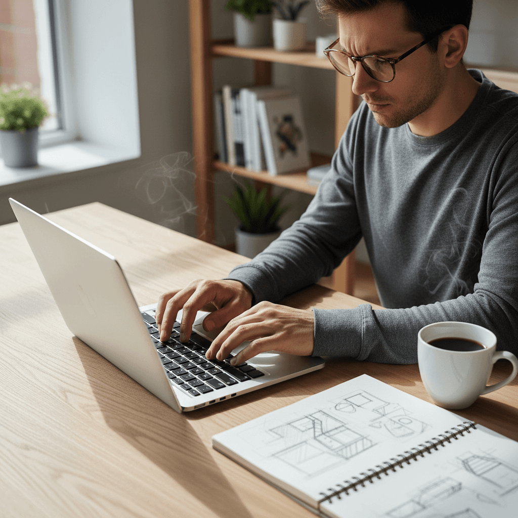 Persona tomando apuntes junto al portátil y una taza de café en un escritorio de coworking moderno